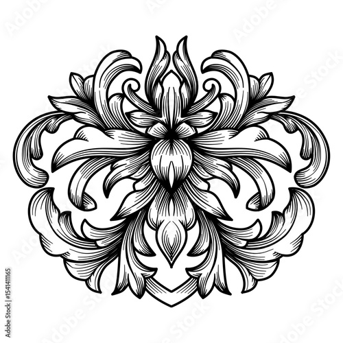 Vintage Damask Baroque Scroll Engraving Ornament. Luxurious Flourish Filigree Victorian Ornamental Decorative Element Vector Illustration