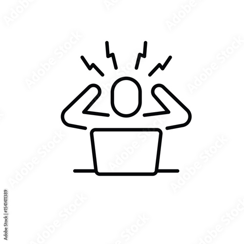 Remote worker stress icon. Outline style thin line symbol of overwhelmed person holding head in frustration at computer desk