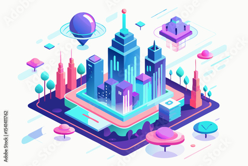 flying city neon light data towers