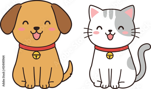 Cute cartoon dog and cat vector, smiling pet characters, adorable puppy kitten illustration, happy animals clipart, kawaii pet design artwork