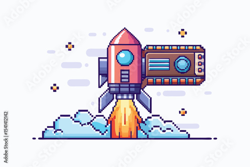 pixel rocket vhs tape launch retro future tech