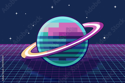 pixel planet retro orbit rings futuristic space