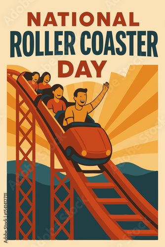 National Roller Coaster Day illustration with excited people riding a roller coaster