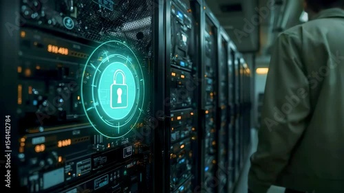 Secure data center with glowing lock symbol, showcasing server racks and dimly lit environment