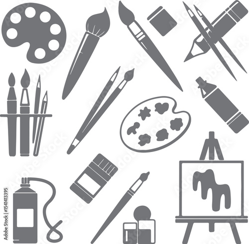 Gray Scale Silhouette Art Supplies Collection Paintbrushes Palette Canvas Easel Markers Pencils Crayons Spray Paint