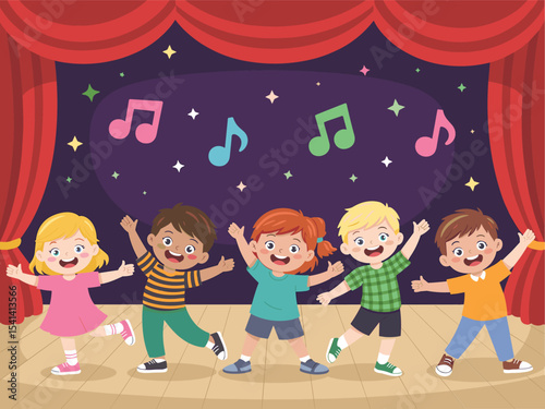 Happy diverse group of children dancing and singing on stage with musical notes and stars, celebrating performance and childhood joy.