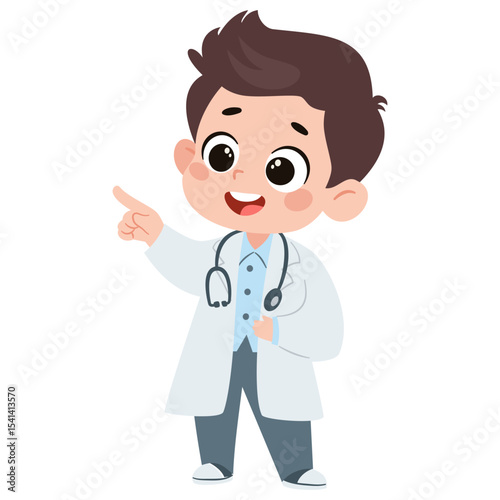 Cute baby boy in doctor costume pointing finger. Flat vector illustration in simple child style on white background. Vector illustration