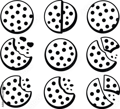 Nine cookies with chocolate chips in different states of being eaten