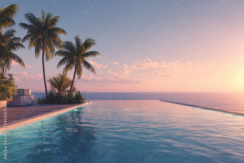 Fototapeta premium Tropical villa with infinity pool and palms, photographed at sunset, pool on right