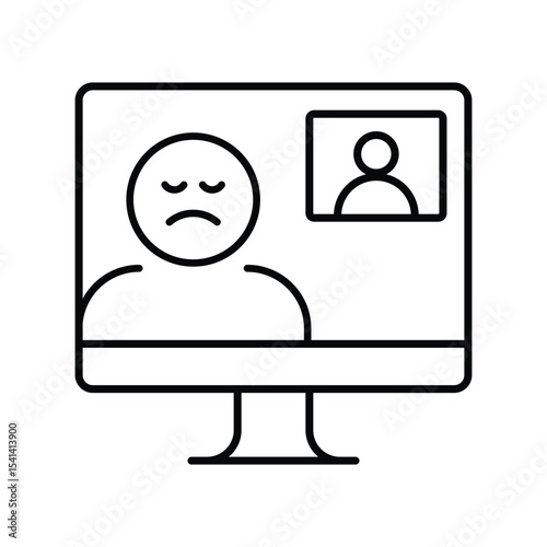 Depressed employee video call icon outline showing remote worker stress sadness fatigue on virtual meeting computer screen