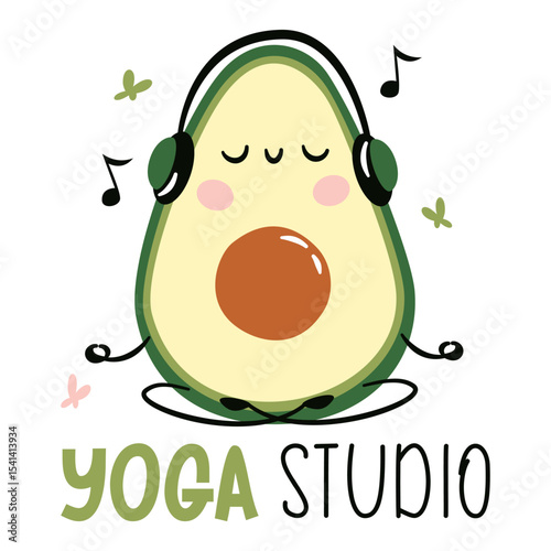 Flat vector illustration in a simple children's style. Cute avocado with muzzle with arms and legs doing yoga, sitting in lotus pose and meditating. Yoga studio lettering. Vector illustration