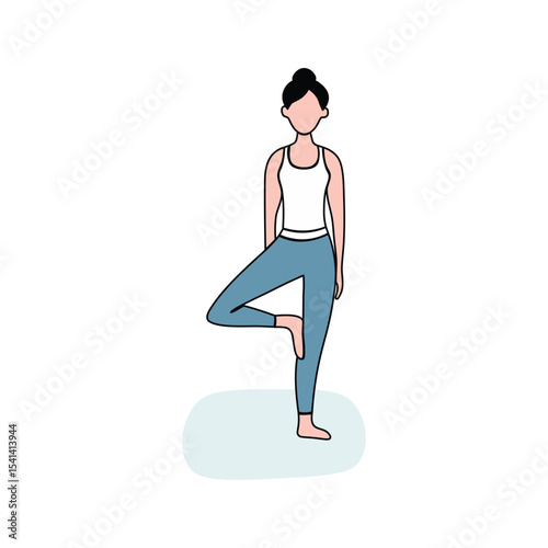 Woman Practicing Tree Pose Yoga - Flat Vector Illustration for Wellness and Fitness