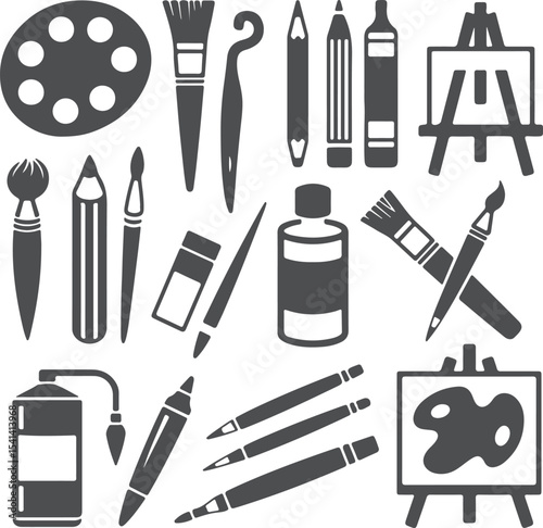 Gray Silhouette Art Supplies Icons Set Including Paintbrushes Pencils Palette Easel Markers Crayons and Paint Bottles