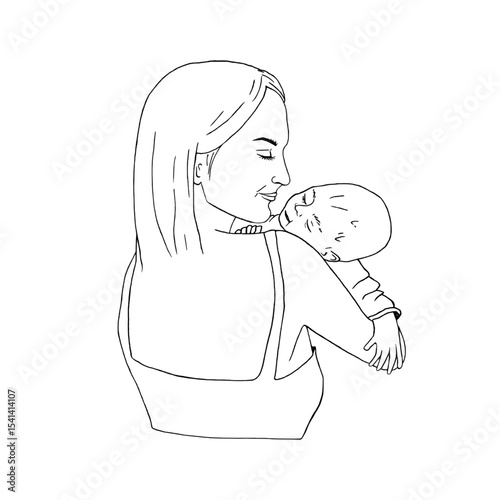 Baby is lying on mother's shoulder. Mother hugs sleeping child. Graphic vector illustration, sketch line art style. Motherhood to Mother's Day. For postcards, parenthood's articles, children products