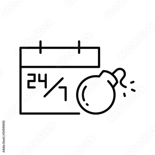 Continuous work pressure icon Outline symbol of burnout calendar and time bomb showing employee fatigue remote job overload editable line design