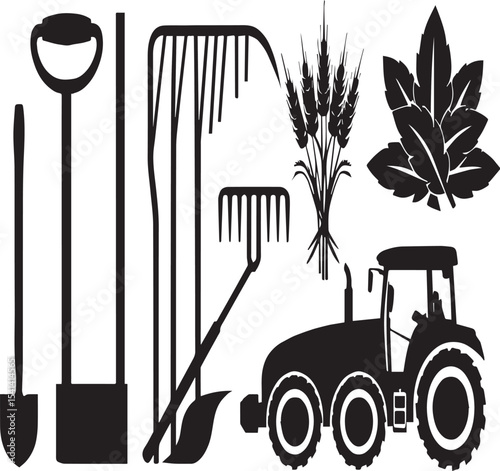  Farm and Gardening Tools with Tractor Silhouette