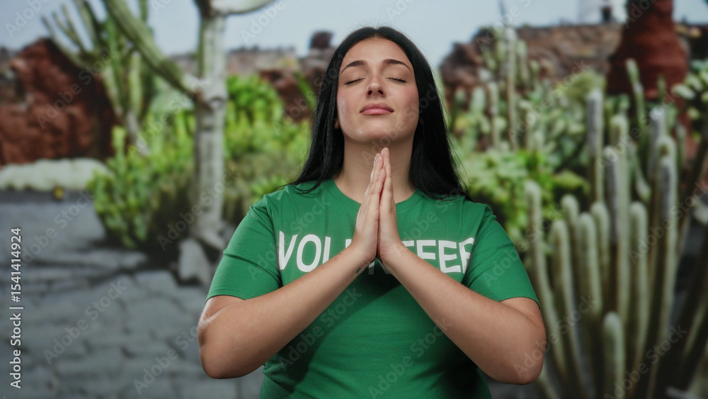 Naklejka premium Young woman with closed eyes and clasped hands wearing volunteer shirt standing outdoors in peaceful park setting surrounded by cactus plants on a sunny day.