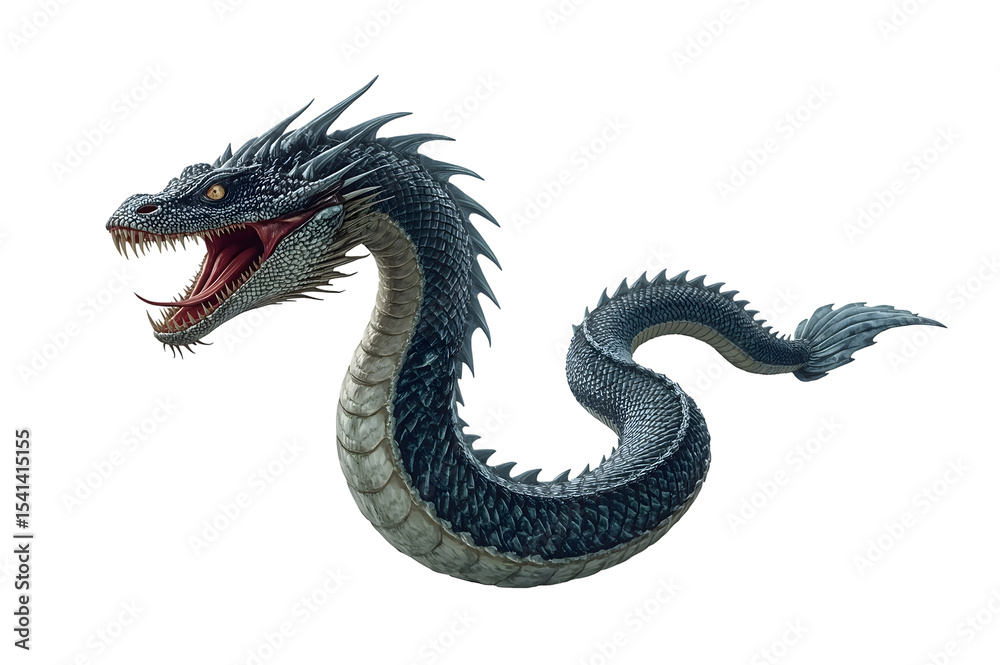 Fototapeta premium Mythical serpentine creature, dark scales, open mouth