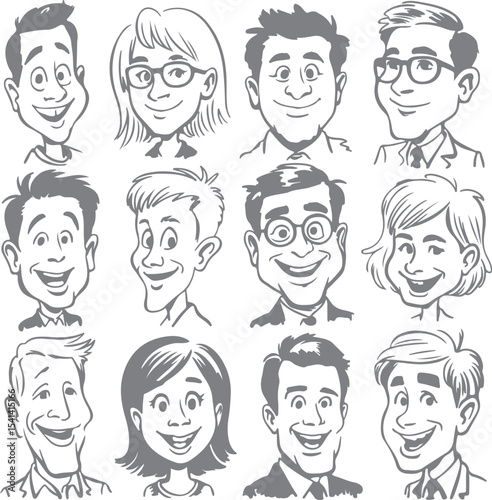 Twelve Gray Scale Cartoon Silhouettes of Smiling Men and Women with Various Hairstyles and Some Wearing Glasses