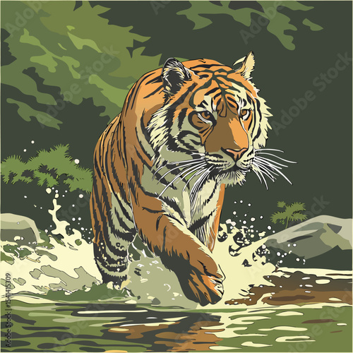 Majestic siberian tiger in mid leap powerful vector illustration