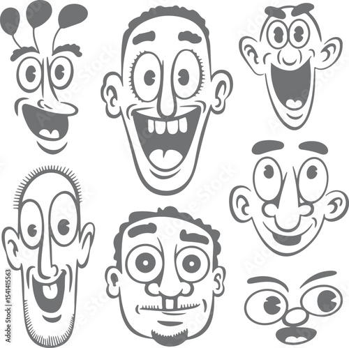 Collection of Gray Scale Cartoon Faces with Exaggerated Features Big Eyes Wide Smiles and Unique Expressions Silhouette Style Illustrations