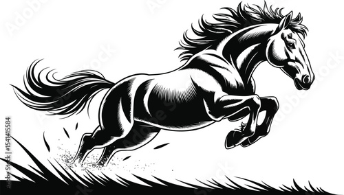 A black and white illustration of a horse jumping over some grass