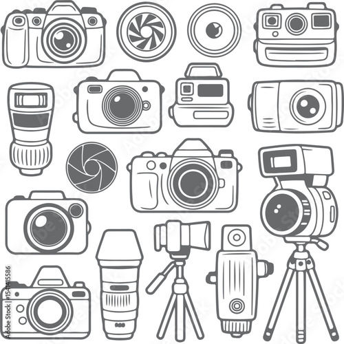 Collection of Gray Silhouette Camera Icons D S L R Camera Flash Lens Polaroid Instant Camera Vintage Camera Photography Equipment