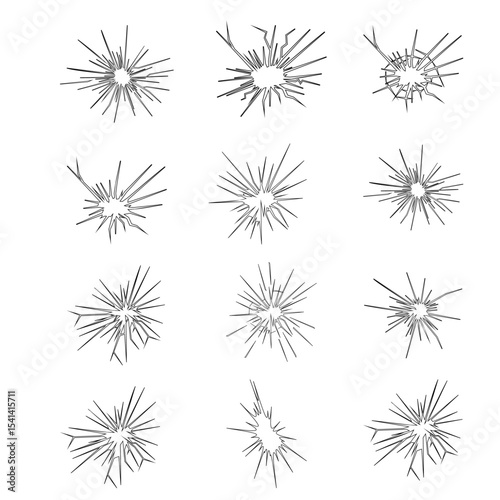 Set of bullet holes with shattered glass effect. Ideal for action, crime, or shooting-themed designs.
