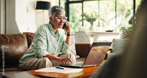 Cuadro en lienzo Budget, finance or senior woman with phone call by laptop for annuity fund, tax planning or banking