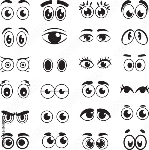 Collection of Twenty Four Black and White Cartoon Eyes Illustrations Various Expressions Eyebrows Silhouettes