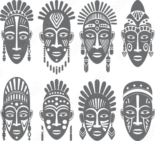 Eight Gray African Tribal Masks Silhouette Set Geometric Pattern White Background Traditional Cultural Heritage Design Elements