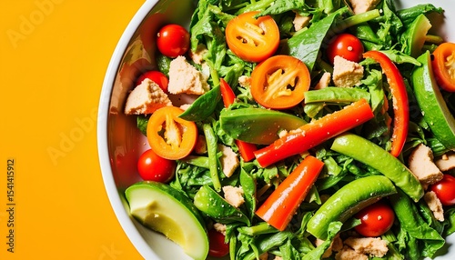 Fresh vegetable salad with tomatoes, greens, and tofu on a bright yellow background