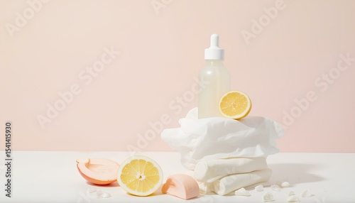 Glass serum bottle and lemon on soft pastel background with wellness items