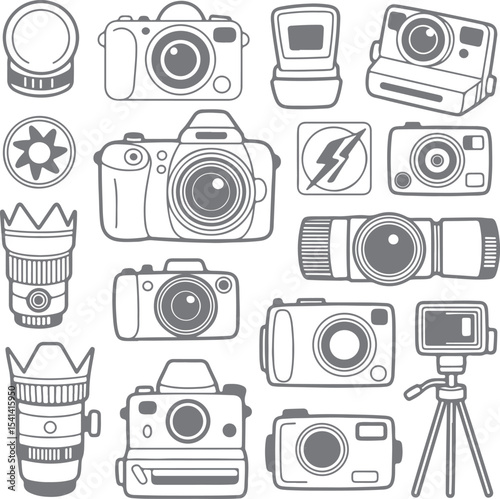 Gray Scale Camera Equipment Silhouette Collection Including D S L R Cameras Instant Cameras Lenses Flash and Tripod