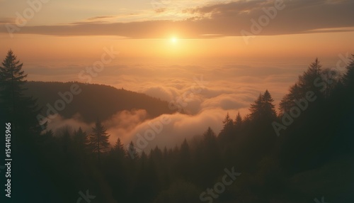Serene mountain landscape with forest and glowing sunrise above clouds