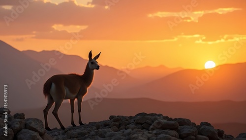 Silhouette of a Vicu?a at Sunset Over Mountain Peaks