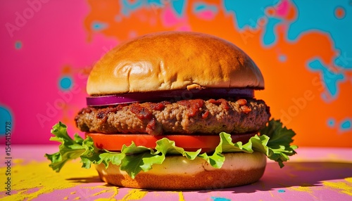 Stylized 3D cheeseburger with bright colors and playful look