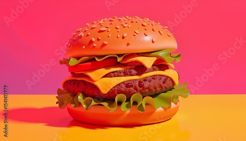 Stylized 3D cheeseburger with bright colors and playful look