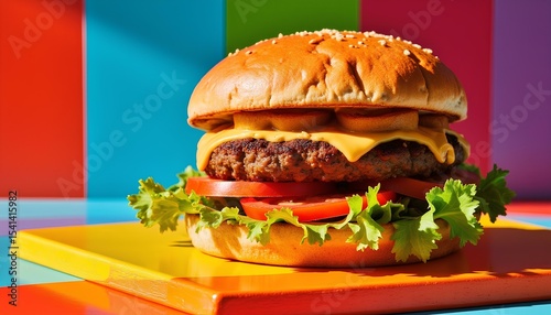 Stylized 3D cheeseburger with bright colors and playful look