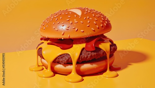 Stylized 3D cheeseburger with bright colors and playful look
