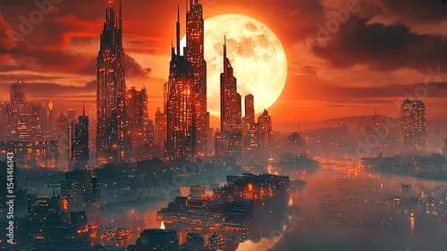 Futuristic cityscape at sunset with glowing moon