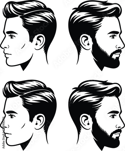 Four black and white illustrations of men in profile with hairstyles