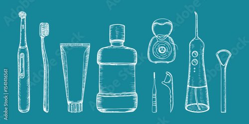 Oral hygiene kit for dental hygiene, in-home dental hygiene. Toothpaste, toothbrush, floss, mouthwash, tongue scraper. Hand drawn vector sketch illustration. Outline doodle clipart isolated
