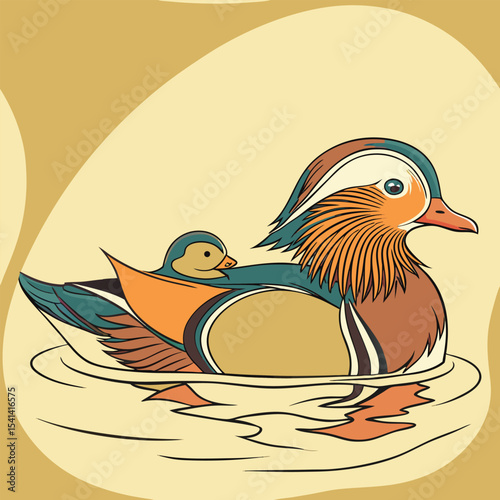 Mandarin duck and fluffy chickling nestled together