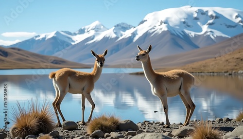 Two Vicu?as by Andean Lake with Snow-Capped Mountains