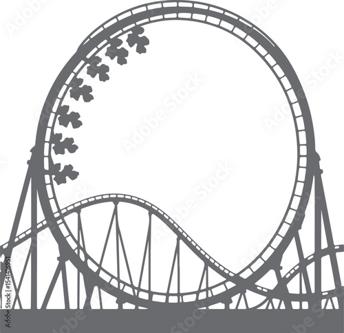 Grey Silhouette of a Roller Coaster Looping the Loop with Passengers Visible in Cars Ascending the First Hill of the Ride
