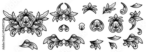 Set of black and white Baroque vintage element for design. Classic ornament Arabesque victorian damask engraving border frame decorative design ornamental element. Rococo filigree vector collection