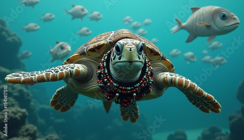 Underwater Turtle with Colorful Beaded Necklace