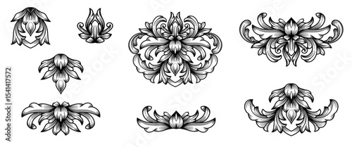 Set arabesque engraving border ornament. Vintage retro ornamental victorian damask engraving sroll. swirl, filigree element. Realistic hand drawn baroque vintage flowers. Gothic decoration art design 