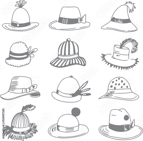 Twelve Gray Scale Hand Drawn Hat Silhouettes Collection Various Styles Womens Mens Fashion Accessories Design Elements